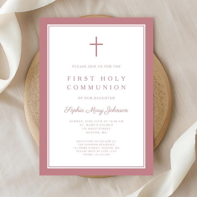 Convites Menina Rosa Moderna Primeira Comunhão Santa (Modern Pink Cross Girl First Holy Communion Invitation)