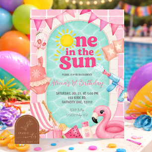 Convites Menina Rosa Piscina Um no Sol Aniversário