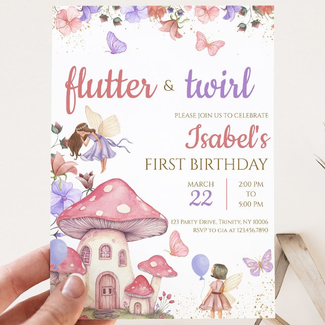 Convites Menina Rosa Roxo Floral Fada Aniversário (Criador carregado)