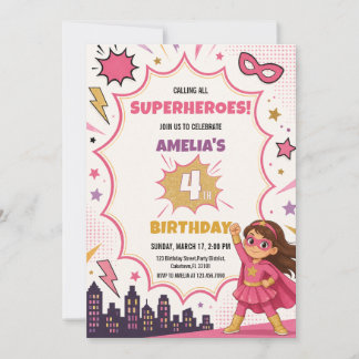 Convites Menina Rosa Super-Heroína Quadrinhos Aniversário