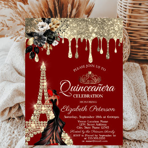 Convites Menina Rosas Pretas Torre Eiffel Dourado Gotejamen