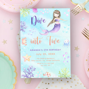 Convites Menina Sereia Mergulhe Nos Cinco 5º Aniversário