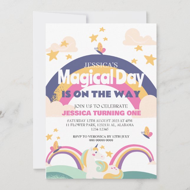 Convites Menina Simples, Rosa, Unicórnio Primeiro Aniversár (Frente)