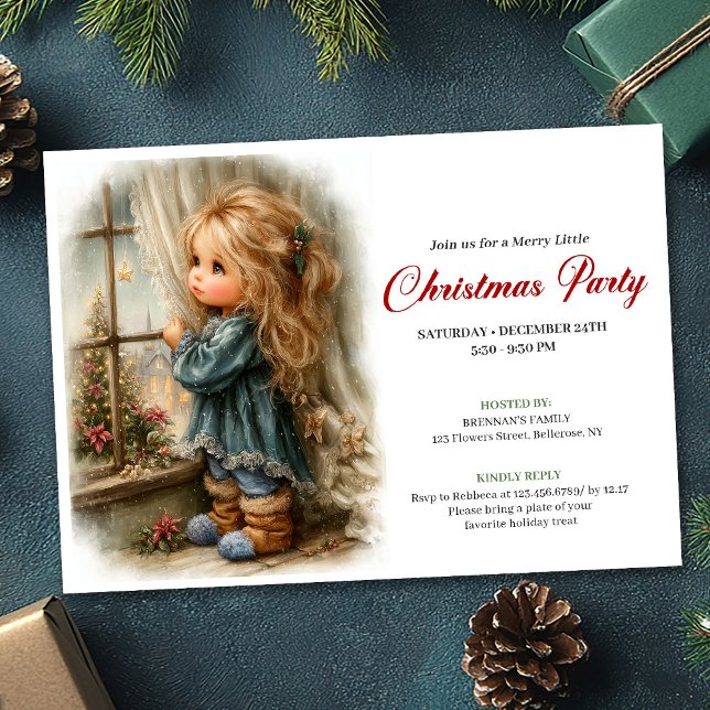Convites Menina Sonhadora Esperando o Papai Noel Editável  (Dreamful Little Girl Awaiting Santa Editable Invitation)