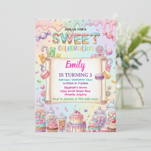 Convites Menina Terra de Doces Aniversário Doce Celebração  (Em pé/Frente)