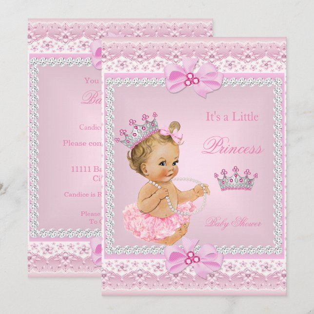 Convites Menina Tiara Princesa Chuvada de Bebê Rosa Pérolas (Frente/Verso)