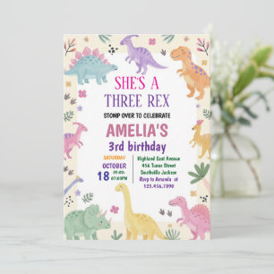 Convites Menina Três Rex Dinossauro 3º Aniversário