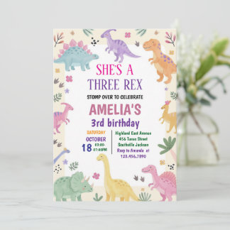 Convites Menina Três Rex Dinossauro 3º Aniversário