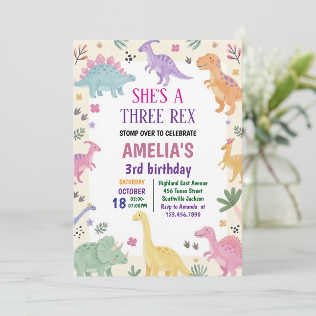 Convites Menina Três Rex Dinossauro 3º Aniversário (Em pé/Frente)