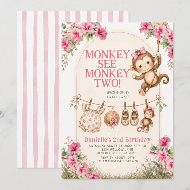 Convites Menina Tropical Macaco Vê Macaco Dois Aniversário (Frente/Verso)