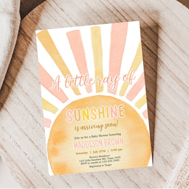 Convites Menina Um Pequeno Raio de Chá de fraldas Sol (Pink Boho Sunshine Baby Shower Invitation )