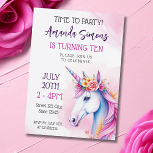 Convites Menina Unicórnio Floral Pastel Sonho 10º Aniversár
