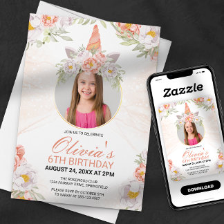 Convites Menina Unicórnio Mágico Foto Floral Aniversário