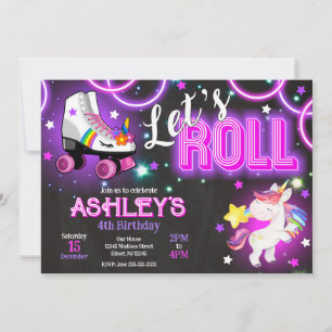 Convites Menina Unicórnio Patinação de Rodas Aniversário Ne
