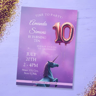 Convites Menina Unicórnio Rosê Galáxia Roxa 10º Aniversário