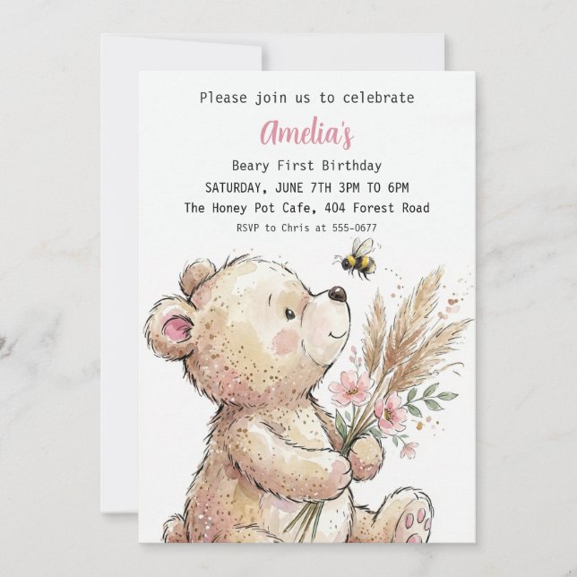 Convites Menina Urso com Aquarela Doce Aniversário (Frente)