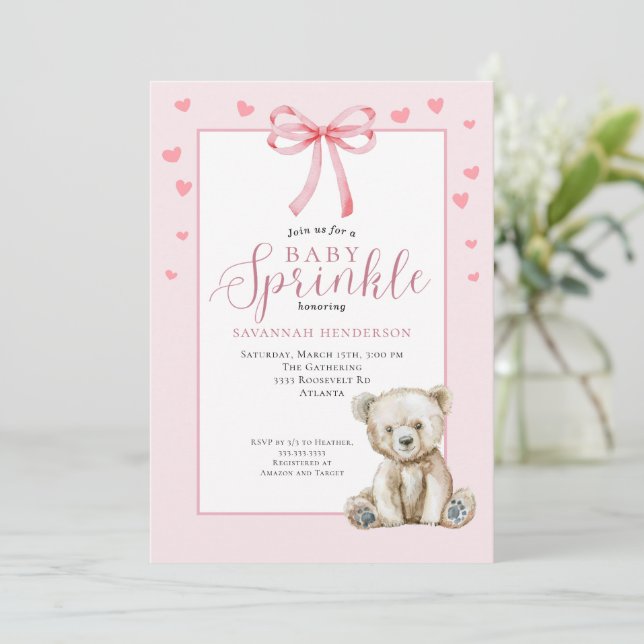 Convites Menina Urso de Pelúcia Rosa Bege com Sprinkle (Em pé/Frente)