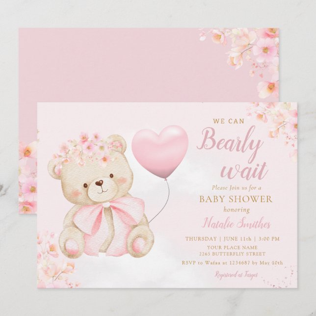 Convites Menina Urso Teddy Boho Rosa Mal Podemos Esperar Ch (Frente/Verso)