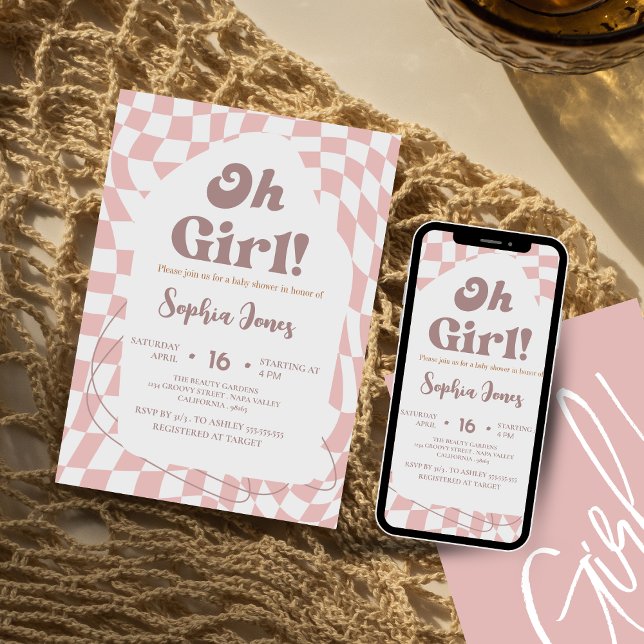 Convites Menina!  Xadrez Rosa | Gingham | chá de bebê (Criador carregado)