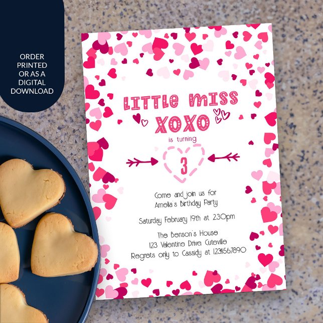 Convites Menina XOXO Pink Love Corta Meninas Aniversário (Little Miss XOXO Bright Pink Girls Birthday Invitation)