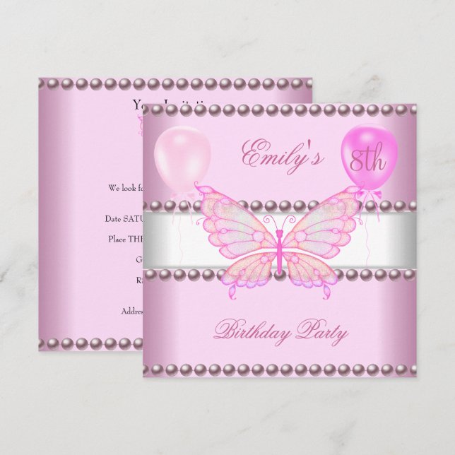 Convites Meninas 8º Aniversário Borboleta Rosa Pérolas Balõ (Frente/Verso)