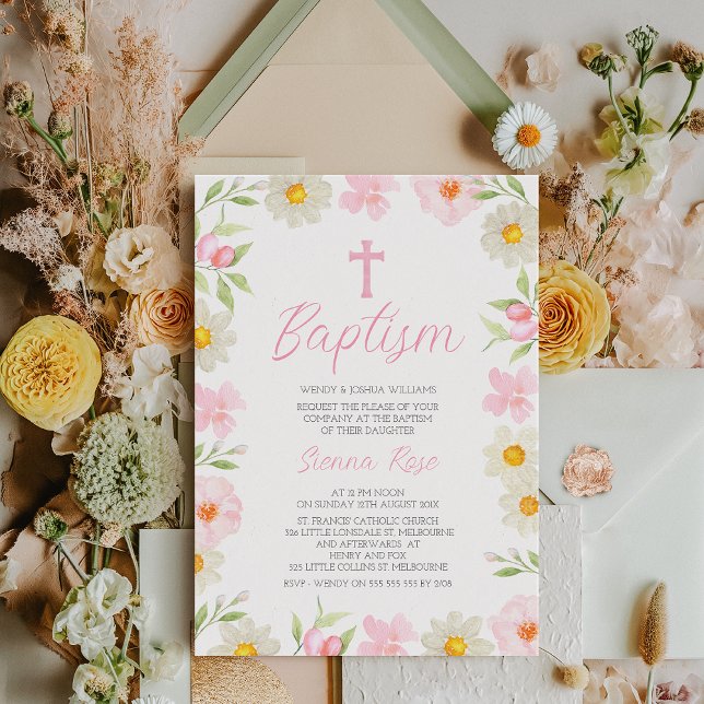 Convites Meninas Amarelas Modernas Cor-de-Rosa Primavera Ba (Modern Floral Baptism Invitation for Baby Girl, Pastel Floral Baptism Invitation, Watercolor Pink)