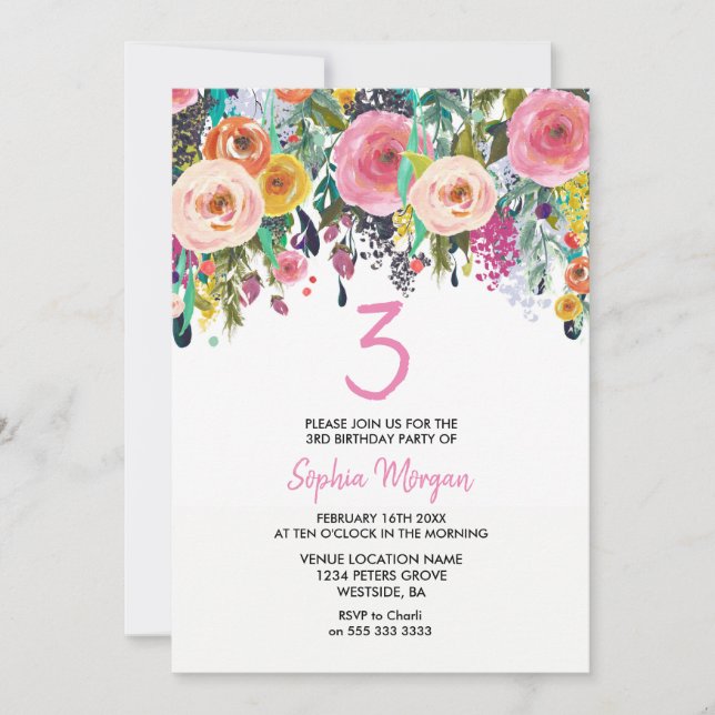 Convites Meninas aniversário de 3 anos Convidam Pêssego Ros (Frente)