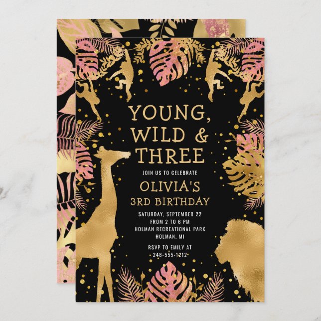 Convites Meninas aniversário de 3 anos cor-de-rosa Dourado  (Frente/Verso)