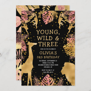 Convites Meninas aniversário de 3 anos cor-de-rosa Dourado 