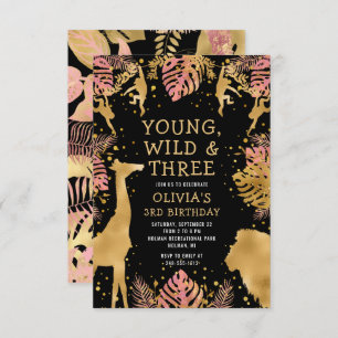 Convites Meninas aniversário de 3 anos cor-de-rosa Dourado