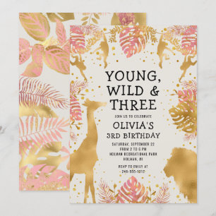 Convites Meninas Aniversário de 3 anos Rosa Dourado Creme S