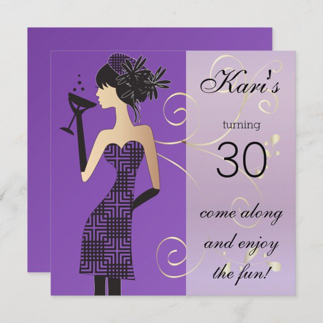 Convites Meninas Aniversário ou Bachelorette Bash em Roxo (Frente/Verso)