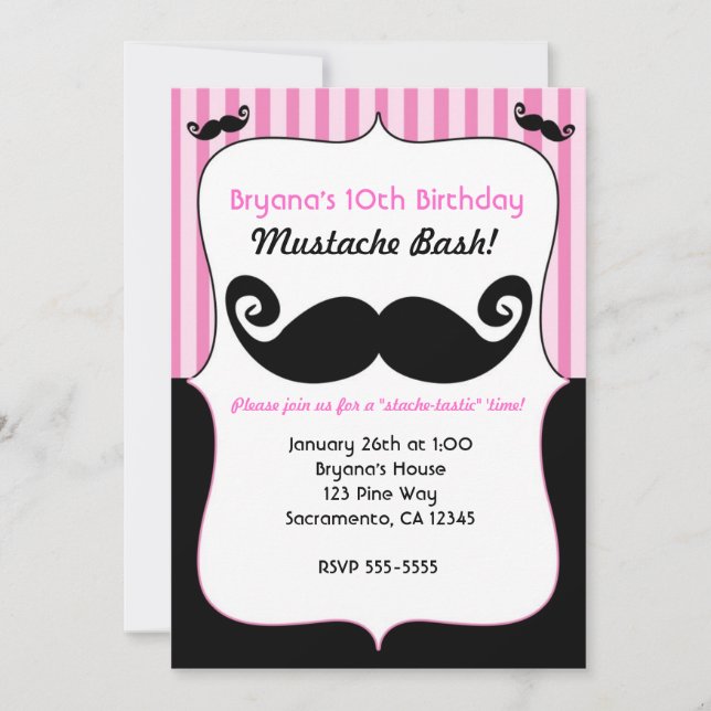 Convites Meninas Bash Bigode Rosa Branco Preto (Frente)
