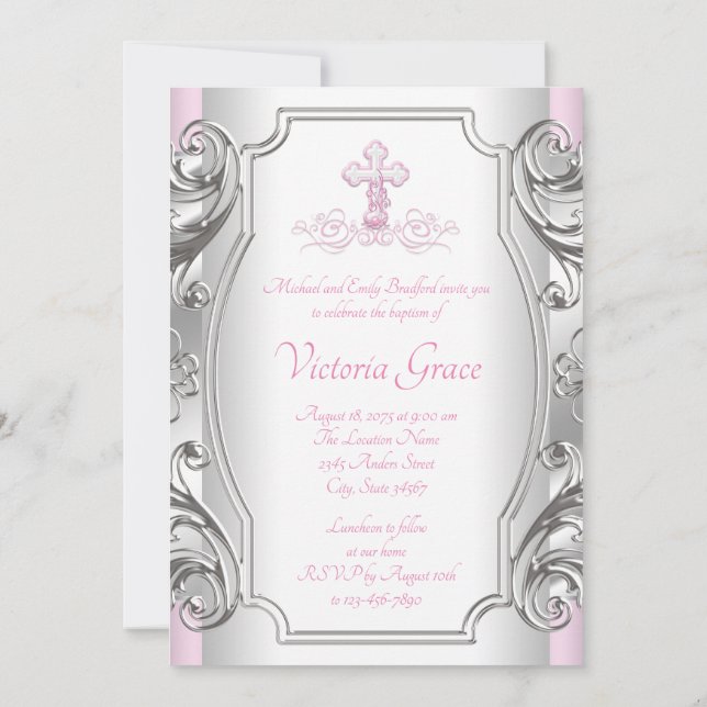 Convites Meninas Batismo Cruz Prata Rosa Menina (Verso)