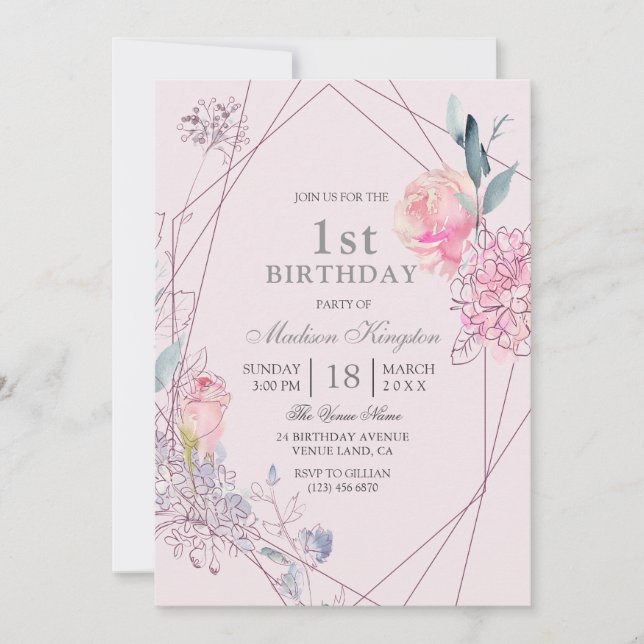 Convites Meninas Bebê Cor-de-Rosa, primeiro aniversario Geo (Frente)