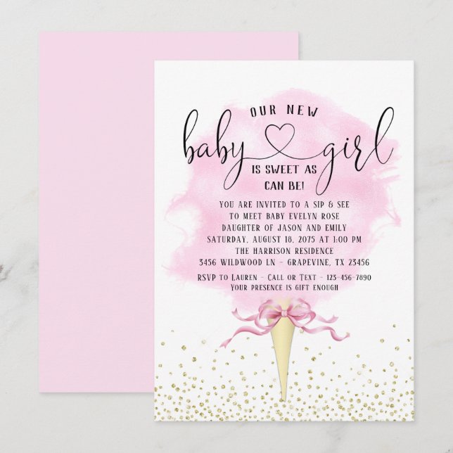 Convites Meninas Bebem e Veem Algodão Doce Rosa Dourado Chá (Frente/Verso)