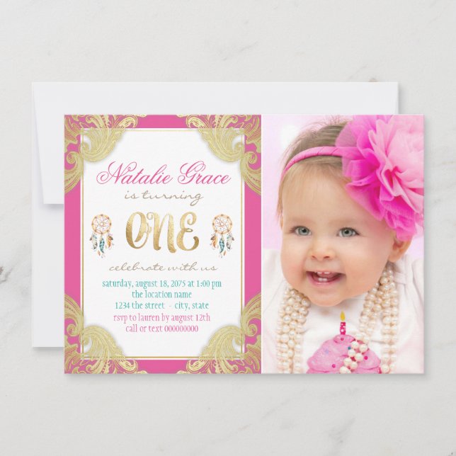 Convites Meninas Boho Primeiro Aniversário (Frente)