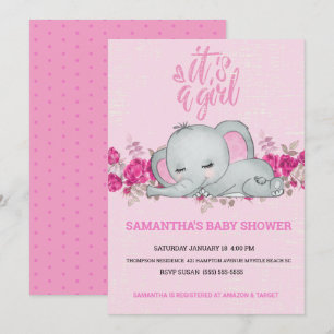 Convites Meninas bonitas Elefante De Bebê Dormindo Rosa Fl
