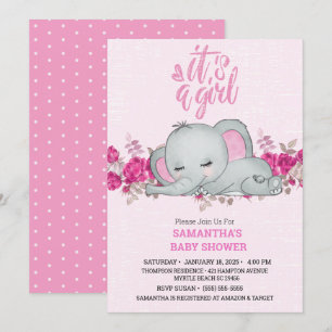 Convites Meninas bonitas Elefante De Bebê Dormindo Rosa Fl