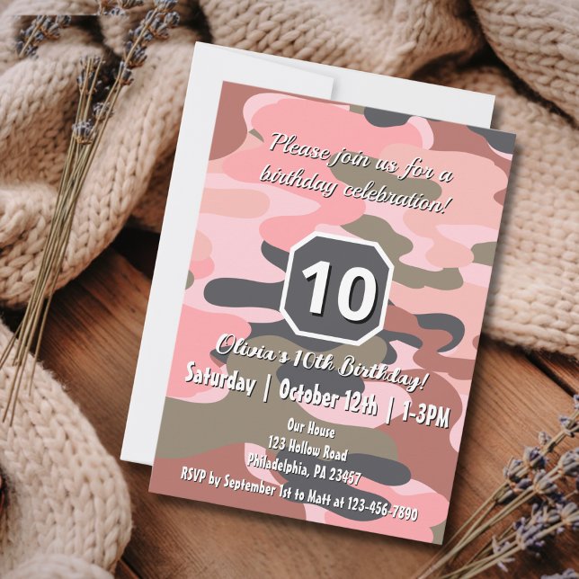 Convites Meninas Camo Rosa Festa de Aniversário Personalizá (Criador carregado)
