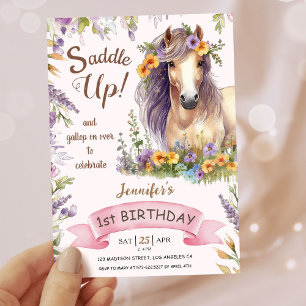 Convites Meninas Cavalo 1º Aniversário Roxo Floral Saddle U