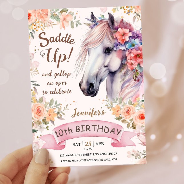 Convites Meninas Cavalo 10º Aniversário Flores Rosa Varrem- (Criador carregado)