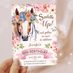 Convites Meninas Cavalo 10º Aniversário Rosa Floral Cowgirl