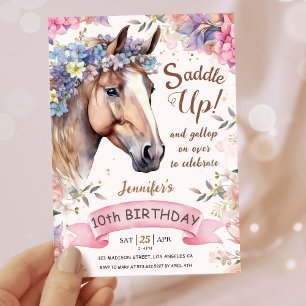 Convites Meninas Cavalo 10º Aniversário Saddle Floral Up!