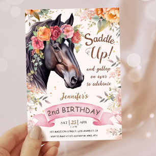 Convites Meninas Cavalo 2º Aniversário Rosa Sela Vaquero