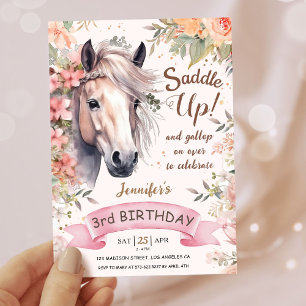 Convites Meninas Cavalo 3º Aniversário Floral Selvagem Sadd