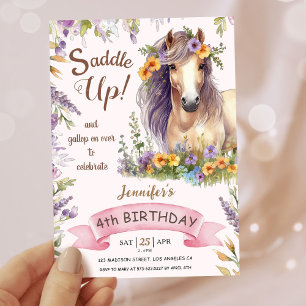 Convites Meninas Cavalo 4º Aniversário Roxo Floral Saddle U