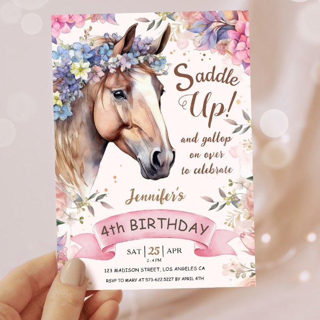 Convites Meninas Cavalo 4. Aniversário, Saddle Floral! (Criador carregado)