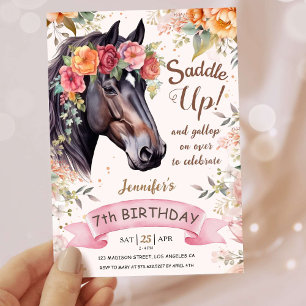 Convites Meninas Cavalo 7º Aniversário Rosa Vaqueira Sobe n