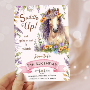 Convites Meninas Cavalo 7º Aniversário Roxo Floral Saddle U